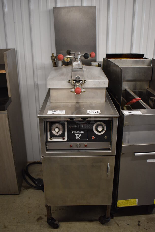 Henny Penny 500 Stainless Steel Commercial Electric Powered Floor Style Pressure Fryer on Commercial Casters. 220 Volts, 3 Phase. 18x37x61.5