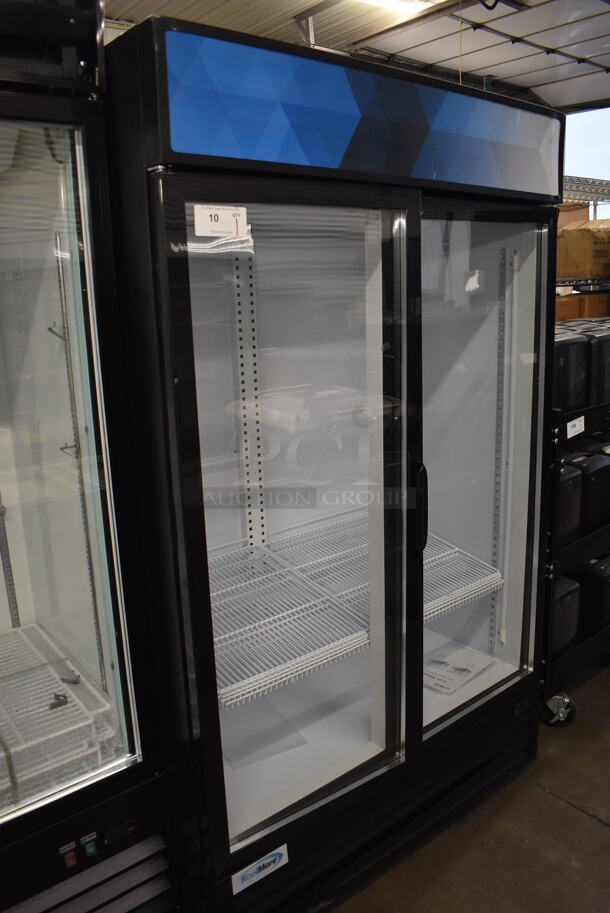 BRAND NEW SCRATCH AND DENT! KoolMore MDR-2GD-42C Metal Commercial 2 Door Reach In Cooler Merchandiser w/ Poly Coated Racks. Right Top Door Hinge Is Broken. 115 Volts, 1 Phase. 47x29x80. Tested and Working! - Image 3 of 7