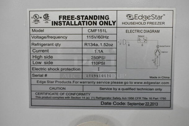 EdgeStar CMF151L Mini Freezer. 115 Volts, 1 Phase. Tested and Powers On But Does Not Get Cold - Image 4 of 4