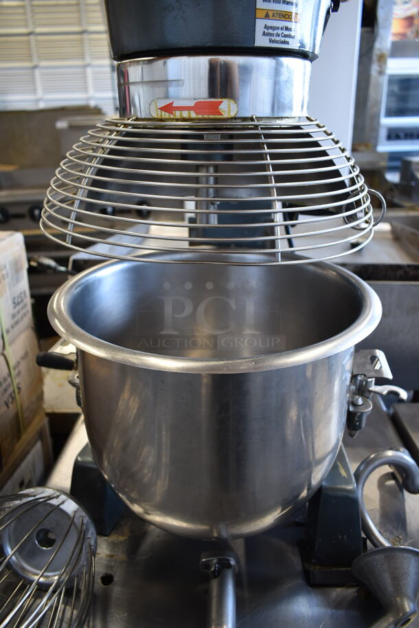 Avantco MX20 Metal Commercial Countertop 20 Quart Planetary Dough Mixer w/ Stainless Steel Mixing Bowl, Bowl Guard, Dough Hook, Grinder Tray, Paddle, Whisk Attachments on Stainless Steel Equipment Stand w/ Commercial Casters. 110 Volts, 1 Phase. Tested and Working! - Image 9 of 12