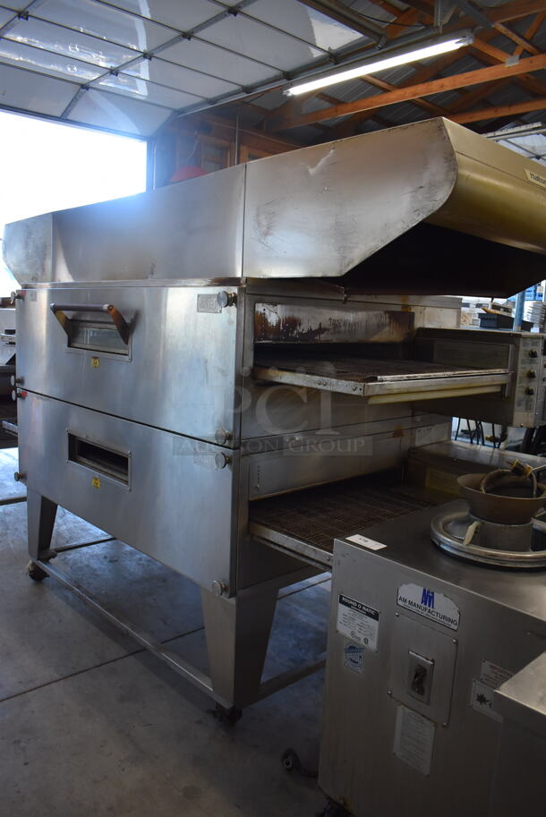 2 XLT 3270 Stainless Steel Commercial Natural Gas Powered Conveyor Pizza Oven on Commercial Casters. Comes w/ Hood / Vent. 180,000 BTU. 113x53x63, 99x37x22. 2 Times Your Bid! Picture of the Unit Before Removal Is Included In the Listing. - Image 8 of 12