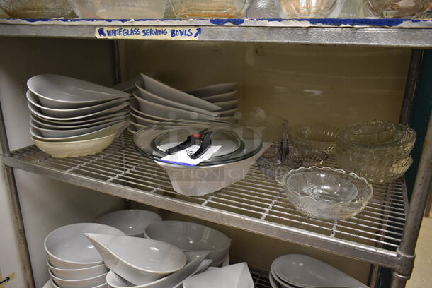 Metal Wire 4 Tier Shelving Unit w/ Contents Including Ceramic Bowls. BUYER MUST REMOVE: BUYER MUST DISMANTLE. PCI CANNOT DISMANTLE FOR SHIPPING. PLEASE CONSIDER FREIGHT CHARGES. (dish room) - Image 4 of 5