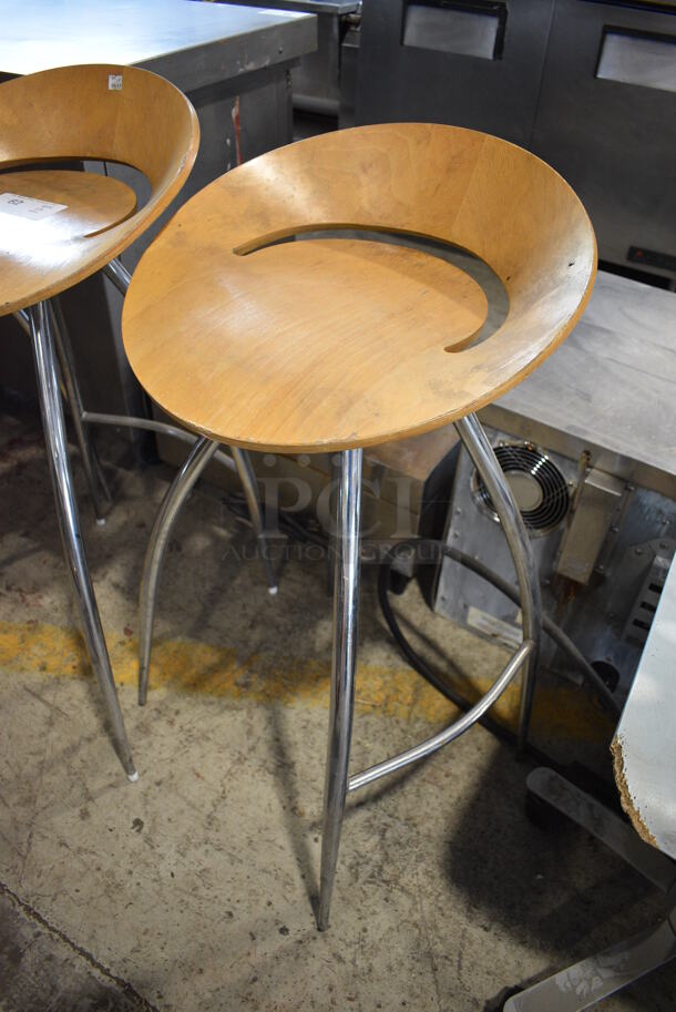 3 Wooden Bar Height Stools on Chrome Finish Legs. 18x18x36.5. 3 Times Your Bid! - Image 2 of 3
