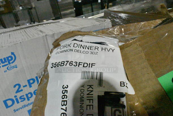 PALLET LOT of 20 BRAND NEW Boxes Including H7658HC, 2 Box 760SOUP8WPA Choice 8 oz. White Double Poly-Coated Paper Food Cup with Vented Paper Lid - 250/Case, 966UPWIDEB-500 OneUp by Choice White 1-Ply Wide Interfold 6 1/2" x 8 1/2" Dispenser Napkin - 6000/Case, Dart Conex Complements 400PC 4 oz. Clear Plastic Souffle / Portion Cup - 2500/Case, 356B763FDIF Delco Heavy Dominion by 1880 Hospitality B763FDIF 7 1/8" 18/0 Stainless Steel Heavy Weight Dinner Fork - 36/Case, 2 Box 612FS7800 Choice Full Size Foil Steam Table Pan Medium 2 3/16" Depth - 50/Case, 2 Box 795PTOKFT3 Choice Kraft Microwavable Folded Paper #3 Take-Out Container 7 3/4" x 5 1/2" x 2 1/2" - 200/Case, 612509PCO Choice 9" Round Standard Weight Foil Take-Out Pan with Dome Lid - 200/Case, 612FS7800 Choice Full Size Foil Steam Table Pan Medium 2 3/16" Depth - 50/Case, 4 Box 130WSPOON Choice Medium Weight White Plastic Teaspoon - 1000/Case, 0700602 Dispenser, 394325L Noble NexGen Powder-Free Disposable Blue Hybrid 3 Mil Thick Gloves - Large - 1000/Case, 3 Box 500MFTN Lavex Natural Brown Kraft M-Fold (Multifold) Towel - 4000/Case. 20 Times Your Bid!  - Image 6 of 12