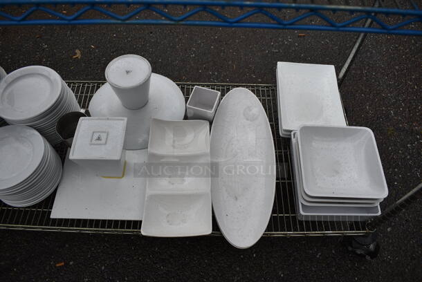 ALL ONE MONEY! Lot of 4 Tiers of Various Smallwares Including White Ceramic Dishes, 3 Tier Stand. Does Not Include Shelving Unit - Image 8 of 8