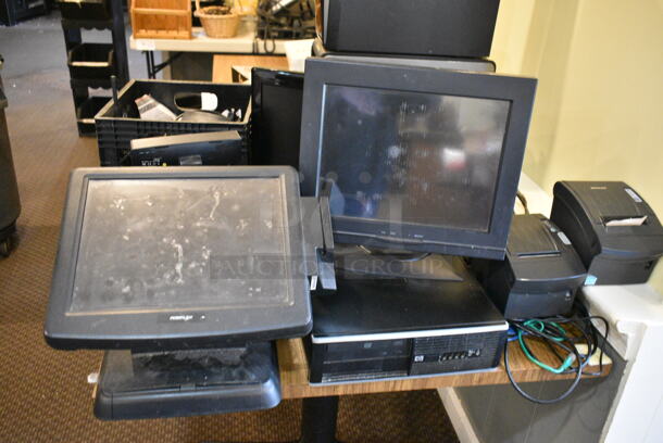 3 Wood Pattern Table w/ Contents Including Printer, Receipt Printer Rolls, POS Monitors, Bug Zapper. 3 Times Your Bid! (main dining room) - Image 2 of 4