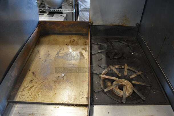 Vulcan GH60T45 Stainless Steel Commercial Natural Gas Powered 2 Burner Range w/ Flat Top Griddle, Oven and 2 Over Shelves on Commercial Casters. 34x40x72 - Image 3 of 9