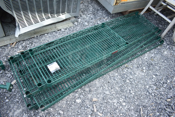 ALL ONE MONEY! Lot of 6 Green Finish Wire Shelves and 5 Brackets on Poles. Includes 30x14x1.5, 60x14x1.5 - Image 3 of 4