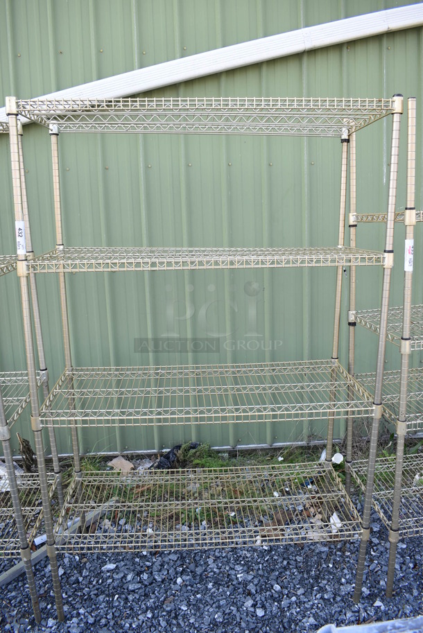Gold Finish 4 Tier Wire Shelving Unit. BUYER MUST DISMANTLE. PCI CANNOT DISMANTLE FOR SHIPPING. PLEASE CONSIDER FREIGHT CHARGES. 48x21x75 - Image 1 of 3