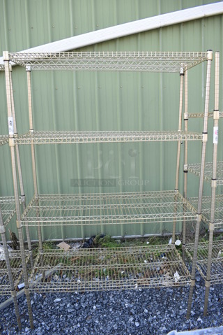Gold Finish 4 Tier Wire Shelving Unit. BUYER MUST DISMANTLE. PCI CANNOT DISMANTLE FOR SHIPPING. PLEASE CONSIDER FREIGHT CHARGES. 48x21x75