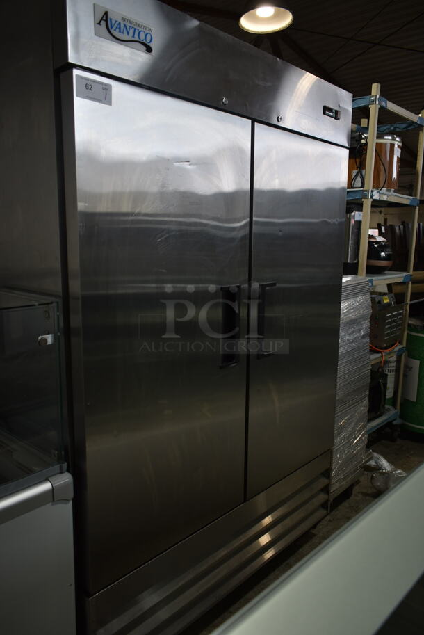 Avantco 178A49FHC Stainless Steel Commercial 2 Door Reach In Freezer w/ Metal Pan Rack and Poly Coated Racks. 115 Volts, 1 Phase. Tested and Working!