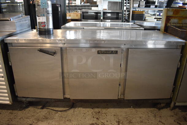 Beverage Air Model WTR72 Stainless Steel Commercial 3 Door Undercounter Cooler on Commercial Casters. 115 Volts, 1 Phase. 72x27x35.5. Tested and Working!