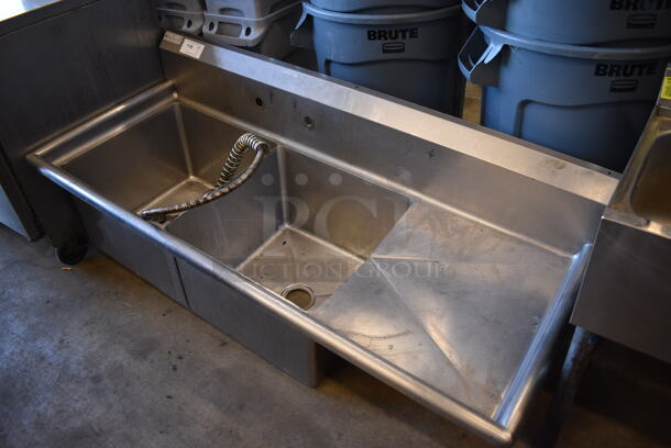 KCS Stainless Steel Commercial 2 Bay Sink w/ Right Side Drainboard, Faucet, Handles and Spray Nozzle Attachment. Does Not Have Legs. 63x26x28. Bays 20x20x14. Drainboard 18x22x2