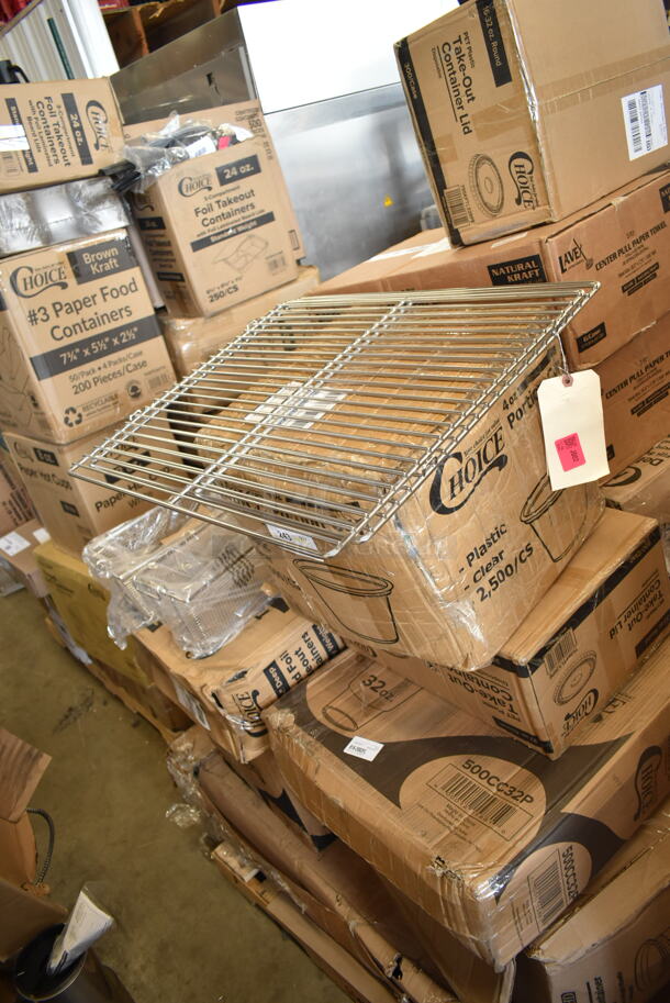 PALLET LOT of 25 BRAND NEW Boxes Including 795KFTL32RPE Choice 16-32 oz. Round PET Take-Out Lid - 300/Case, Choice 4 oz Portion Cups, 500CC32P Choice Clear PET Plastic Cold Cup - 32 oz. - 500/Case, 612527HD Choice 7" Round Heavy Weight Foil Take-Out Pan - 500/Case, 500CC32T Choice 32 oz. Straight Wall Clear PET Plastic Cold Cup - 300/Case, 3 Box 5002CPTENAT Lavex 2-Ply Natural Kraft Center Pull Paper Towel 510' Roll - 6/Case. 25 Times Your Bid! - Image 1 of 9