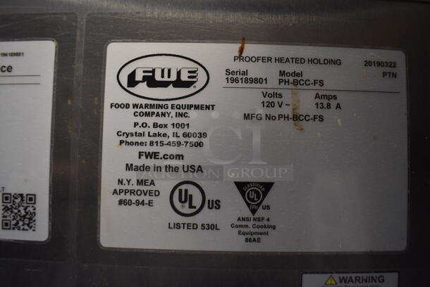 2019 Model FWE PH-BCC-FS Commercial Stainless Steel Mobile Electric Proofer Oven With Stainless Steel Racks. 120V. Tested And Working  - Image 6 of 6