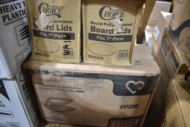 PALLET LOT of 26 BRAND NEW Boxes Including 61260507 Choice Full Size Foil Steam Table Pan Deep 3 3/8" Depth - Full Size Deep - 50/Case, 500TW12 Choice 12 oz. Translucent Thin Wall Plastic Cold Cup - 1000/Case, 760SOUP8WPA Choice 8 oz. White Double Poly-Coated Paper Food Cup with Vented Paper Lid - 250/Case, 7 Box 130HBKCUTFW Visions Individually Wrapped Black Heavy Weight Plastic Fork - 1000/Case, 2 Box 500CC20 Choice Clear PET Customizable Plastic Cold Cup - 20 oz. - 600/Case, Dart Y16T Conex Galaxy 16 oz. Translucent Tall Plastic Cold Cup - 1000/Case, 2 Box 612527L Choice 7" Round Foil-Laminated Board Lid - 500/Case, Dart 85HT1R 8" x 8" x 3" White Foam Square Take Out Container with Perforated Hinged Lid - 200/Case. 26 Times Your Bid! - Image 9 of 12