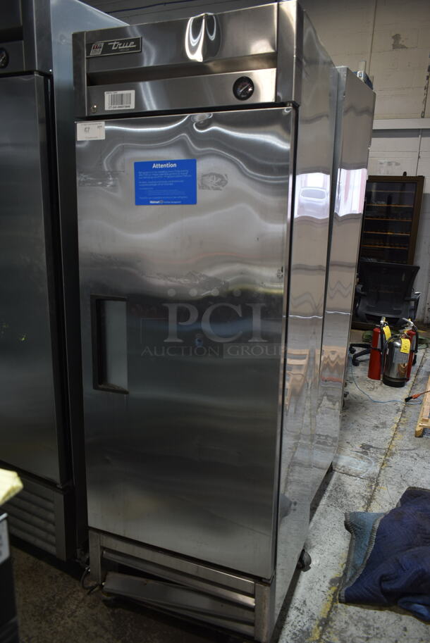 2017 True T-19F Stainless Steel Commercial Single Door Reach In Freezer w/ Poly Coated Racks on Commercial Casters. 115 Volts, 1 Phase. Cannot Test - Unit Trips Breaker
