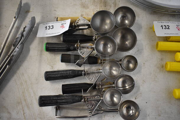 9 Stainless Steel Scoops. Includes 8.5