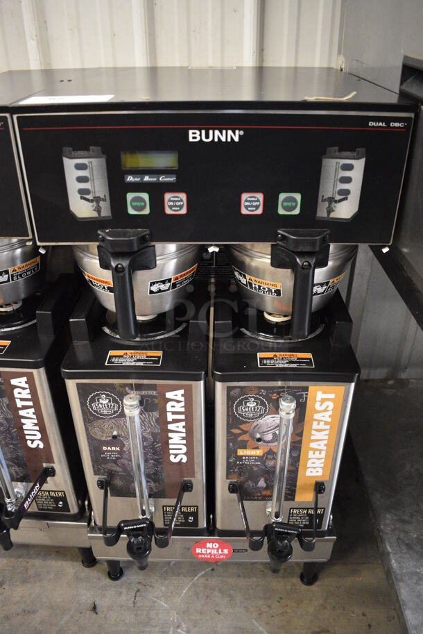 2013 Bunn Model DUAL SH DBC Stainless Steel Commercial Countertop Dual Coffee Machine w/ 2 Stainless Steel Brew Baskets and 2 Bunn Model SH SERVER Satellite Servers. 120/208-240 Volts, 1 Phase. 18x24x36. Tested and Working!
