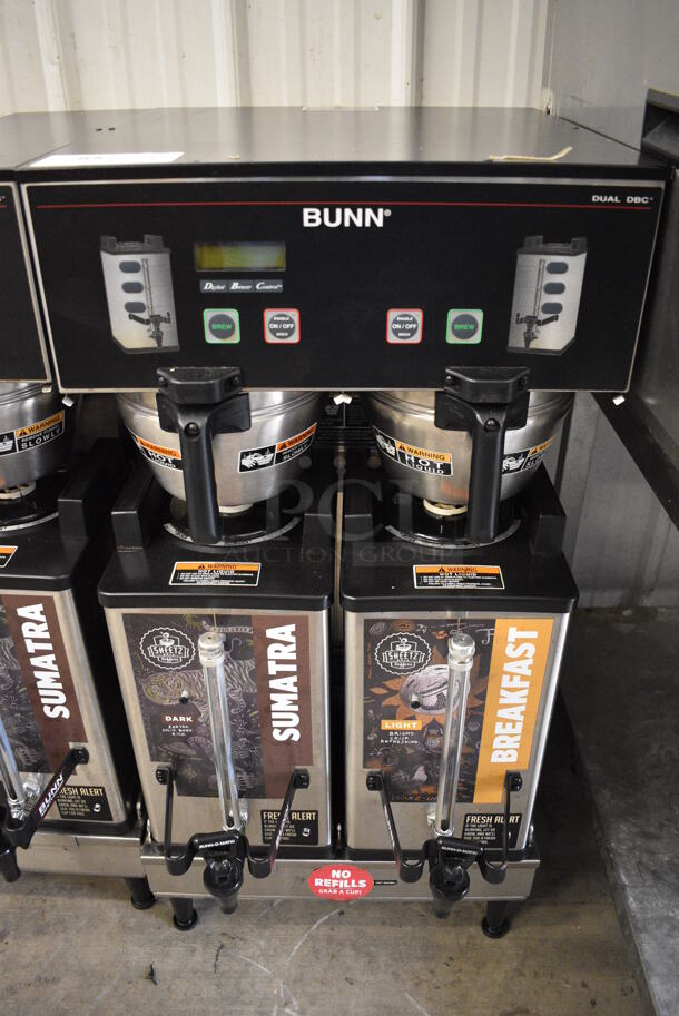 2013 Bunn Model DUAL SH DBC Stainless Steel Commercial Countertop Dual Coffee Machine w/ 2 Stainless Steel Brew Baskets and 2 Bunn Model SH SERVER Satellite Servers. 120/208-240 Volts, 1 Phase. 18x24x36. Tested and Working! - Image 1 of 6