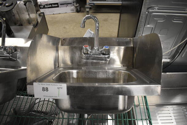 Stainless Steel Commercial Single Bay Wall Mount / Drop In Sink w/ Side Splash Guards, Faucet and Handles. 16x17x19