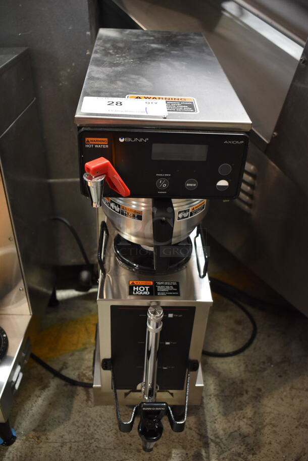 BRAND NEW SCRATCH AND DENT! 2023 Bunn SINGLE AXIOM 15 Stainless Steel Commercial Countertop Single 1 Gallon Coffee Brewer w/ Hot Water Dispenser, Metal Brew Basket and Server Satellite. 120 Volts, 1 Phase.  - Image 2 of 9