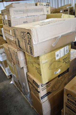 PALLET LOT of 35 BRAND NEW Boxes Including 127CH12 Choice 12 oz. Clear RPET Hinged Deli Container - 200/Case, 5002BNAPWH Choice 2-Ply White Beverage / Cocktail Napkin - 3000/Case, 500CFT Lavex White C-Fold Standard Weight Towel - 2400/Case, 612FS7800 Choice Full Size Foil Steam Table Pan Medium 2 3/16" Depth - 50/Case, 128HD8COMBO ChoiceHD 8 oz. Microwavable Translucent Plastic Deli Container and Lid Combo Pack - 240/Case 128HD12COMBO ChoiceHD 12 oz. Microwavable Translucent Plastic Deli Container and Lid Combo Pack - 240/Case, 2 Box Kraft #3 Containers, 127DM8BULK Choice 8 oz. Ultra Clear PET Plastic Round Deli Container - 500/Case, 5013858 Lavex Hercules 55 Gallon 2 Mil 38" x 58" Low Density Heavy-Duty Black Can Liner / Trash Bag - 50/Case, 3 Box 8" Corrugated Cake Circles, 5005GTWH Lavex Linen-Feel White Customizable 1/6 Fold Guest Towel - 500/Case, Choice Sandwich Wedge Containers, 500L1020W Choice White Hot Paper Cup Travel Lid for 10-24 oz. Standard Cups and 8 oz. Squat Cups - 1000/Case, 612FHL1230 Choice Foil Steam Table Pan Lid - Half Size - 100/Case, 

 35 Times Your Bid!
