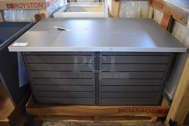 BRAND NEW! Royston Gray Metal Counter w/ Wood Pattern Countertop. 48x30x27 - Image 1 of 7