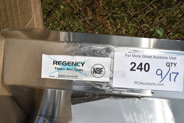 BRAND NEW SCRATCH AND DENT! Regency 600S3141414C Stainless Steel 44 1/2" 16 Gauge Stainless Steel Three Compartment Commercial Corner Sink with Two Drainboards - 14" x 14" x 14" Bowls. No Legs. - Image 10 of 10