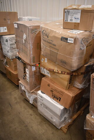 PALLET LOT of 29 BRAND NEW Boxes Including Enjay Gold Embossed Rounds, Lavex Natural Hardwound Roll Towels, 2 Box Silver Visions Cutlery, 612FFL1230 Choice Foil Steam Table Pan Lid - Full Size - 50/Case, 2 Box 500TW10 Choice 10 oz. Translucent Thin Wall Plastic Cold Cup - 2500/Case, 2 Box Dart 10CPWQR Quiet Classic 10 1/4" 3 Compartment White Laminated Round Foam Plate - 500/Case, 3052116 Plastic Kids Cup with Reusable Lid and Curly Straw - 250/Case, 394360M Noble Products Powdered Disposable Vinyl Gloves for Foodservice - 1000/Case, Choice 1 oz Portion Cups, 500CC9 Choice 9 oz. Clear PET Customizable Plastic Squat Cold Cup - 1000/Case, 760SOUP6WPL Choice 6 oz. White Double Poly-Coated Paper Food Cup with Vented Plastic Lid - 250/Case, 795KFTL32RPE Choice 16-32 oz. Round PET Take-Out Lid - 300/Case. 29 Times Your Bid! 
