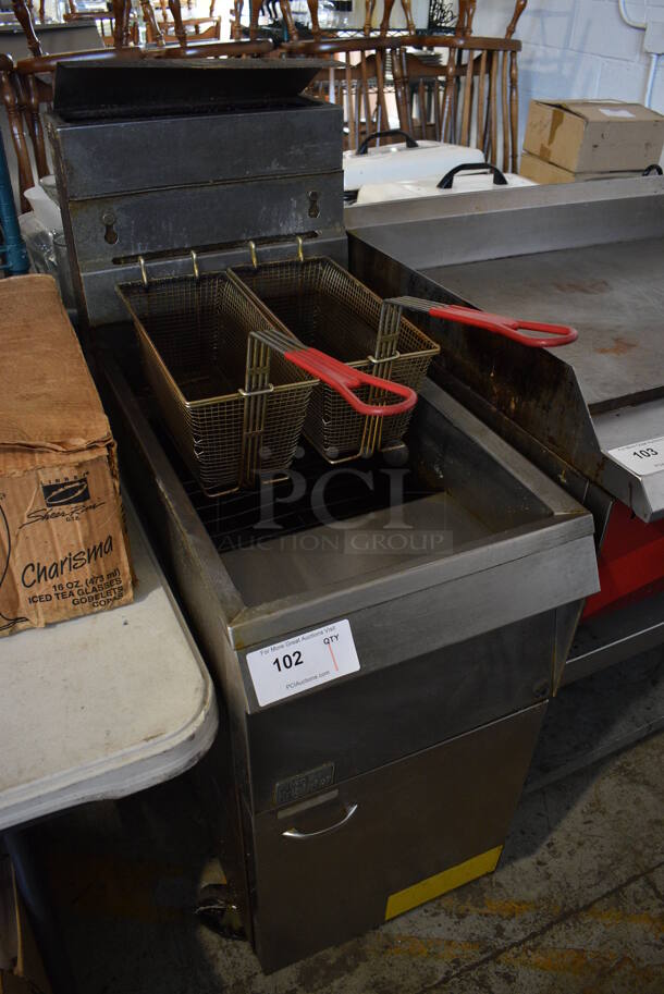 Pitco Frialator 14 Stainless Steel Commercial Floor Style Natural Gas Powered Deep Fat Fryer w/ 2 Metal Fry Baskets on Commercial Casters. 110,000 BTU. 15.5x30x50 - Image 3 of 8