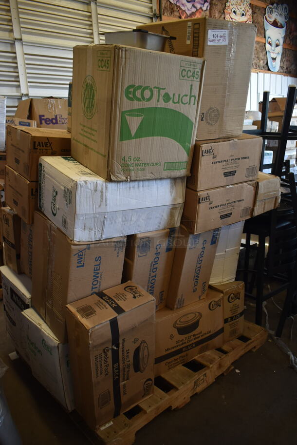 PALLET LOT of 25 BRAND NEW! Boxes Including CC45 EcoTouch 4.5 oz Cone Water Cups, 2 Box 5002CPTE Lavex 2-Ply White Center Pull Economy Paper Towel 510' Roll - 6/Case, 3 Box 500CFT Lavex White C-Fold Standard Weight Towel - 2400/Case, 129MCR24B ChoiceHD 8 oz. Microwavable Translucent Plastic Deli Container - 480/Case, 2 Box 129MCR32B Choice 32 oz. Black Round Microwavable Heavy Weight Container with Lid 7 1/4