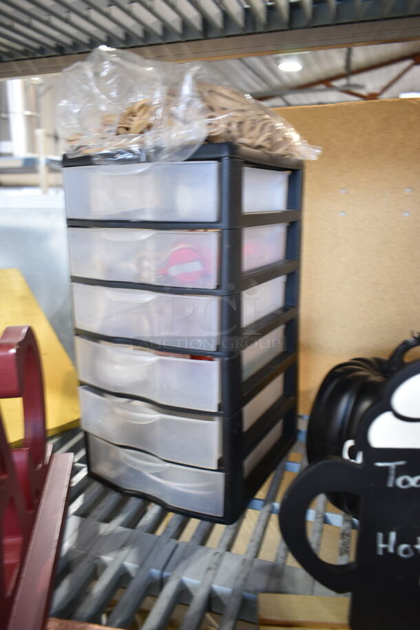ALL ONE MONEY! Tier Lot of Various Items Including Clock, Shelf, Decor and Clear 6 Drawer Unit.  - Image 8 of 9