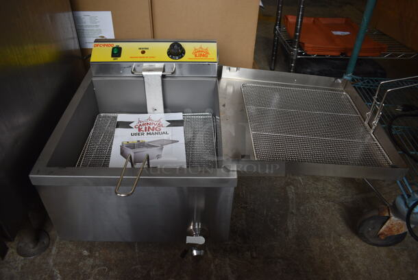 BRAND NEW IN BOX! Carnival King Model DFC4400 Stainless Steel Commercial Countertop Electric Powered Funnel Cake Fryer w/ Basket and Lid. 240 Volts, 1 Phase. 34x24x14.5