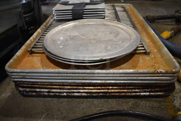 ALL ONE MONEY! Lot of 7 Metal Full Size Baking Pans, 3 Round Metal Pans and 5 White Ceramic Plates. Includes 18x26x1 - Image 3 of 5