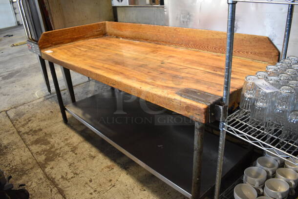 Butcher Block Tabletop w/ Commercial Can Opener Mount on Metal Legs and Under Shelf. 74.5x31x38.5
