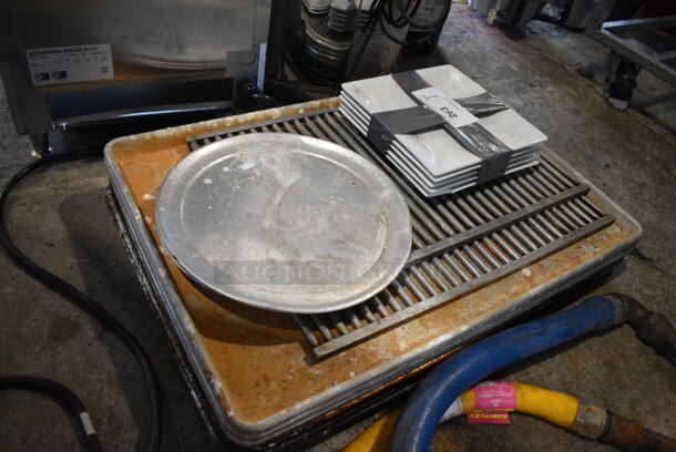 ALL ONE MONEY! Lot of 7 Metal Full Size Baking Pans, 3 Round Metal Pans and 5 White Ceramic Plates. Includes 18x26x1 - Image 5 of 5