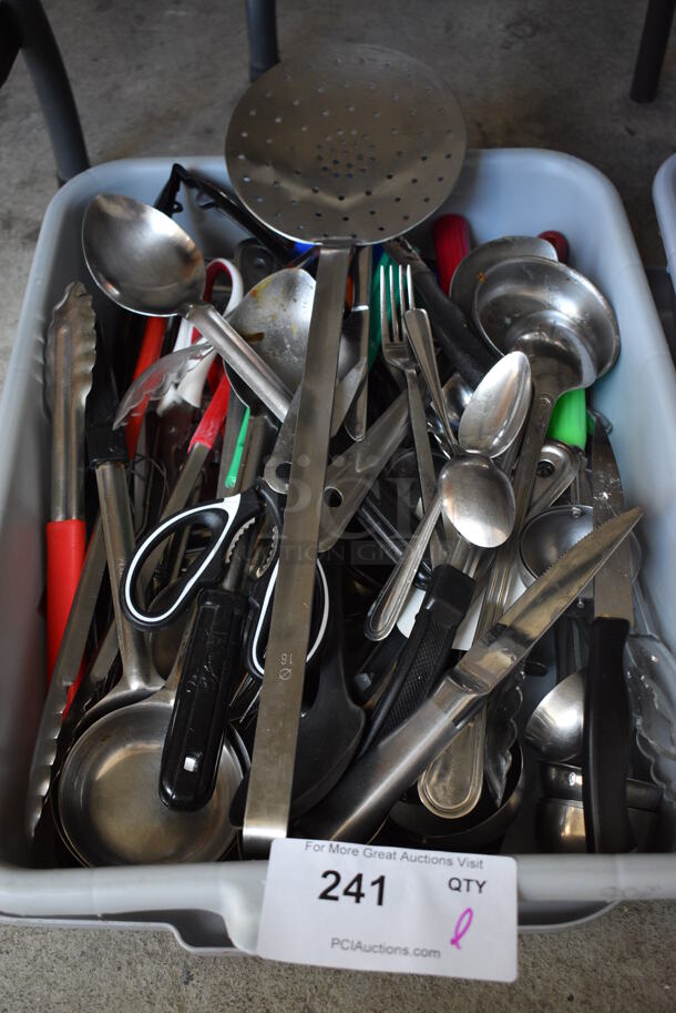 ALL ONE MONEY! Lot of Various Utensils Including Spoodles and Serving Spoons in Gray Poly Bus Bin