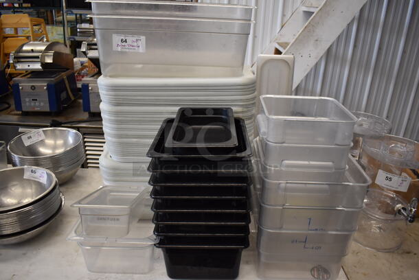 ALL ONE MONEY! Lot of 26 Various Poly Bins and 58 Bus Bin Lids. Includes 22x16x1