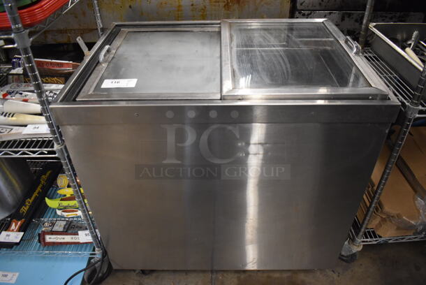 Stainless Steel Commercial Chest Freezer Merchandiser on Commercial Casters. 37x27x38. Tested and Working!