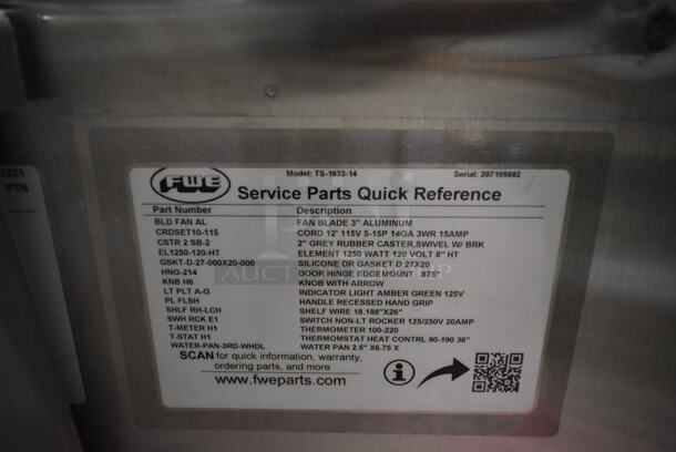 BRAND NEW! FWE TS-1633-14 Stainless Steel Commercial Single Door Undercounter Heated Holding Cabinet. 120 Volts, 1 Phase. Tested and Working! - Image 8 of 9