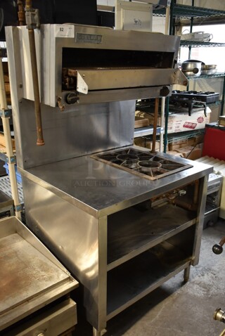 Garland Stainless Steel Commercial Natural Gas Powered 2 Burner Range w/ Salamander Cheese Melter and 2 Under Shelves.