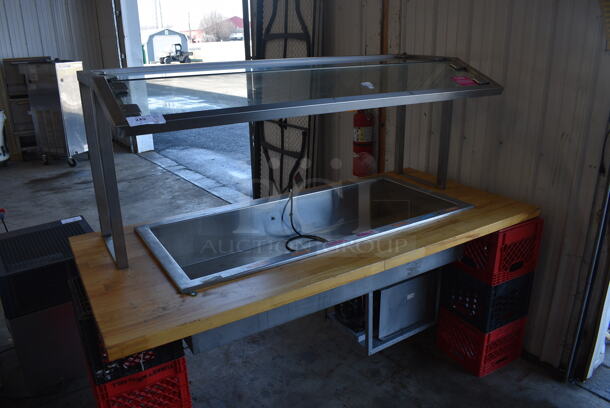 Stainless Steel Commercial Refrigerated Buffet Station Drop In Unit in Wooden Butcher Block Countertop w/ Sneeze Guard and Tabletop Frame. 115 Volts, 1 Phase. 77x36x48. Tested and Working! - Image 2 of 5