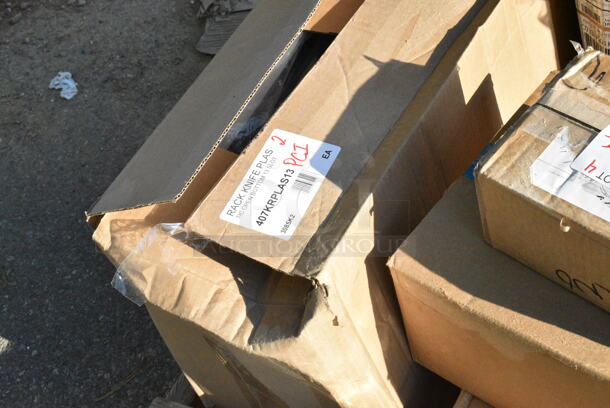 9 BRAND NEW Boxes Including 164TB2222 Lancaster Table & Seating 22" x 22" Cross Cast Iron Table Base Plate, 808B1449ACD Superlevel Self Adjusting Table Foot - 4/Pack, 407KRPLAS13 Choice 13-Slot Plastic Wall Mount Knife Rack, 2 Box Libbey 7508 Vina 12.75 oz. Customizable Tall Wine Glass - 12/Case, 117321310 AllPoints 32-1310 5' x 1/2" ID Fryer Oil Filter Hose, 4558022026 32 oz. Tall Plastic Iced Tea Design Souvenir Cup with Straw and Lid - 200/Case. 9 Times Your Bid!  - Image 4 of 11