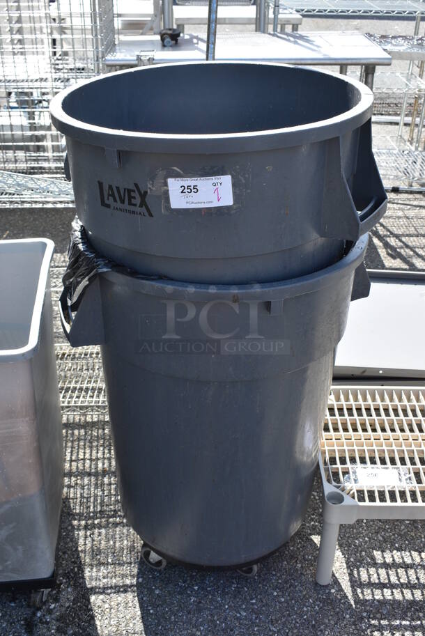 2 Lavex Gray Poly Trash Cans w/ 1 Dolly. Includes 26x24x36. 2 Times Your Bid!