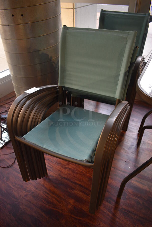 8 Brown Metal Outdoor Patio Chairs w/ Blue Seat and Arm Rests. 22x22x37. 8 Times Your Bid! (lounge) - Image 2 of 4