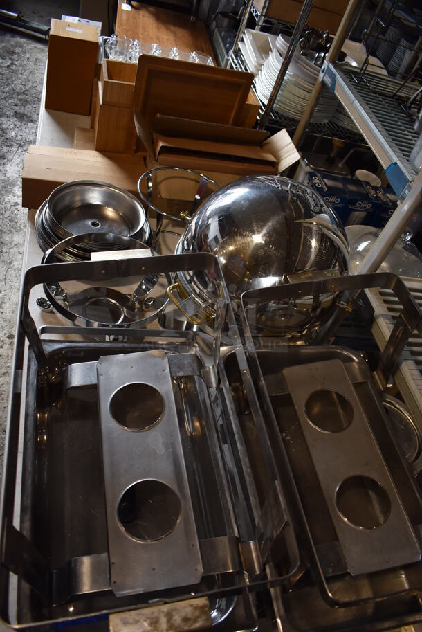 ALL ONE MONEY! Lot of Items on Tabletop Including Chafing Dish Frames, Metal Dome Lids, Glasses and Wooden Boxes. - Image 2 of 12