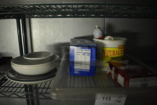 ALL ONE MONEY! Lot of Ceramic Dishes, Kosher Salt and Clear Poly Bin. (kitchen) - Image 1 of 3