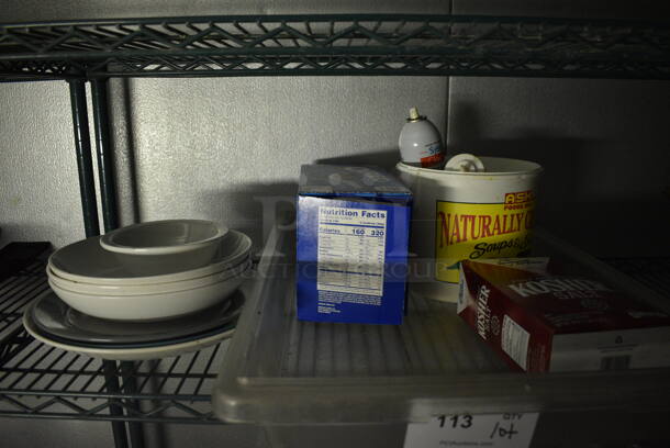 ALL ONE MONEY! Lot of Ceramic Dishes, Kosher Salt and Clear Poly Bin. (kitchen)