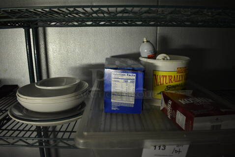 ALL ONE MONEY! Lot of Ceramic Dishes, Kosher Salt and Clear Poly Bin. (kitchen)
